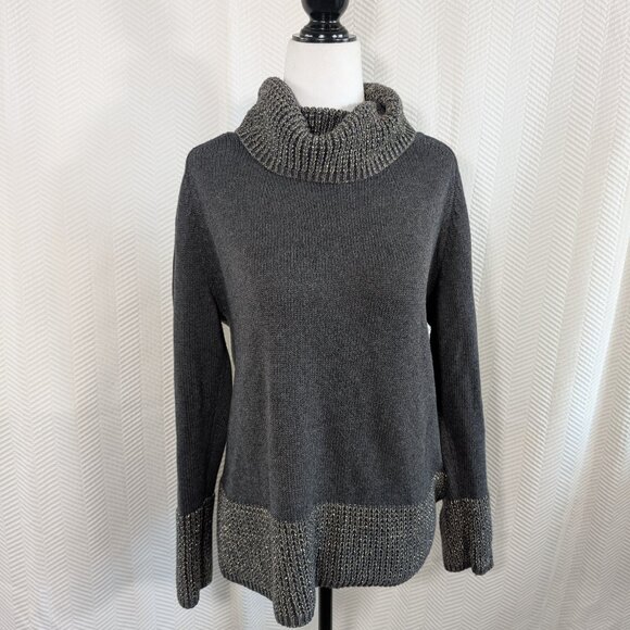 Gabby Isabella Cowl Neck Sweater Heathered Gray with Metallic Trim Medium Cotton - Picture 1 of 11